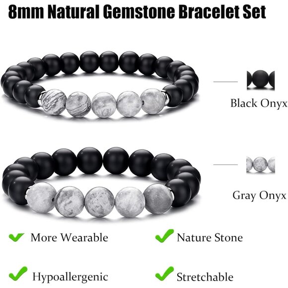 ⚡Rankeef Men 2 Gray Black Tiger Eye 8MM Natural Stone Crystal Beaded Bracelet - Picture 3 of 7